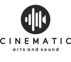 A black and white logo of the company cinematics.