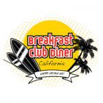 A yellow and white logo with surfboards, palm trees and the words breakfast club diner california.