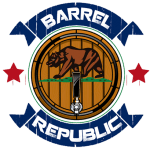 A barrel republic logo with a bear in the center.