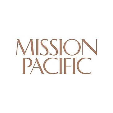 A brown logo of the word mission pacific.